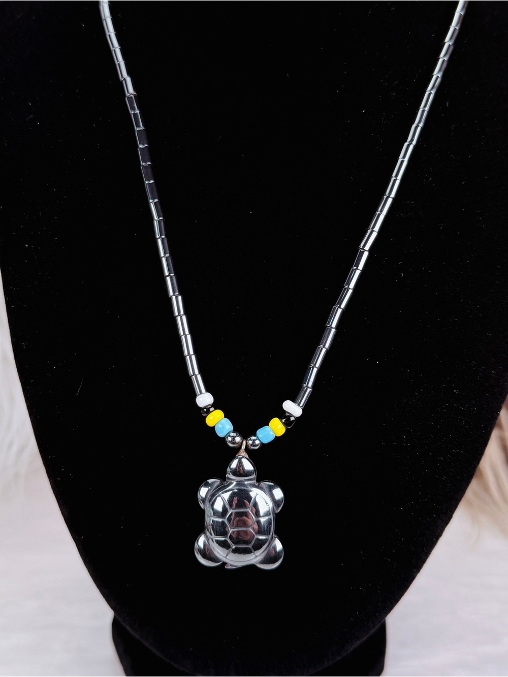 Hematite Turtle Pendant Necklace Silver Tone Blue Yellow Beaded Statement